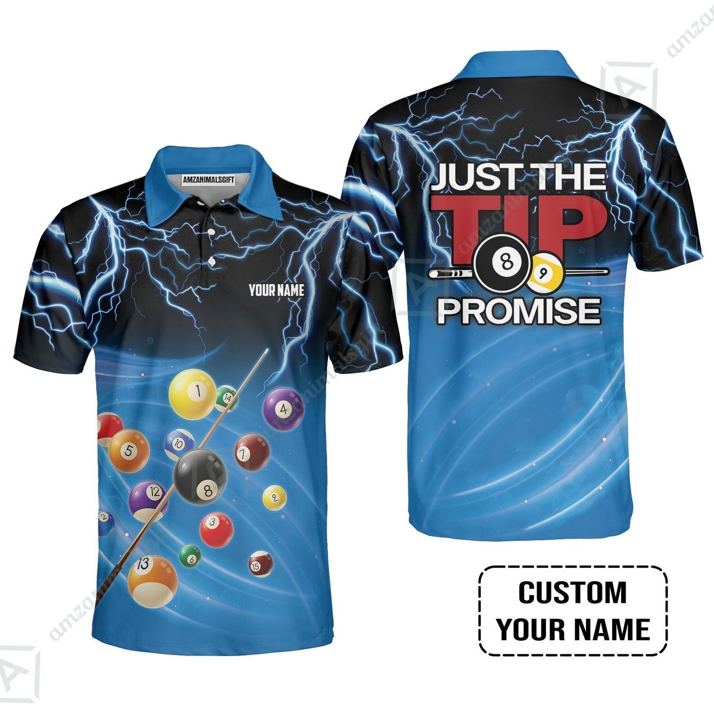 Custom Name T-Shirt, Personalized Thunder 8 Ball Pool Billiards T-Shirt, Gift For Billiard Lovers, Just The Tip I Promise
