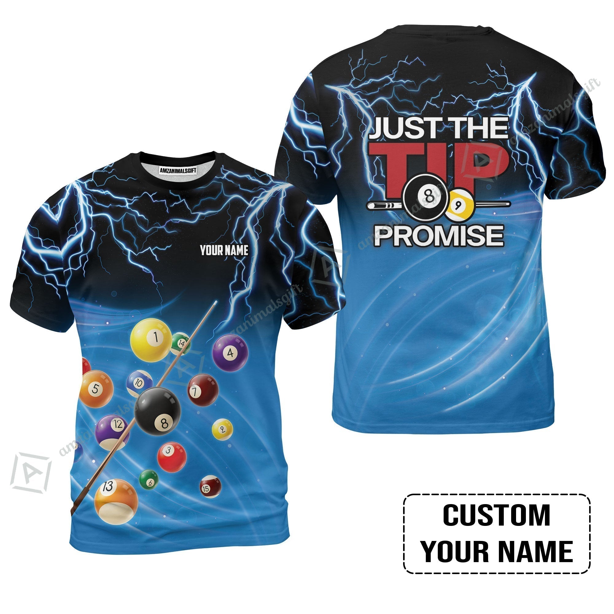 Custom Name T-Shirt, Personalized Thunder 8 Ball Pool Billiards T-Shirt, Gift For Billiard Lovers, Just The Tip I Promise