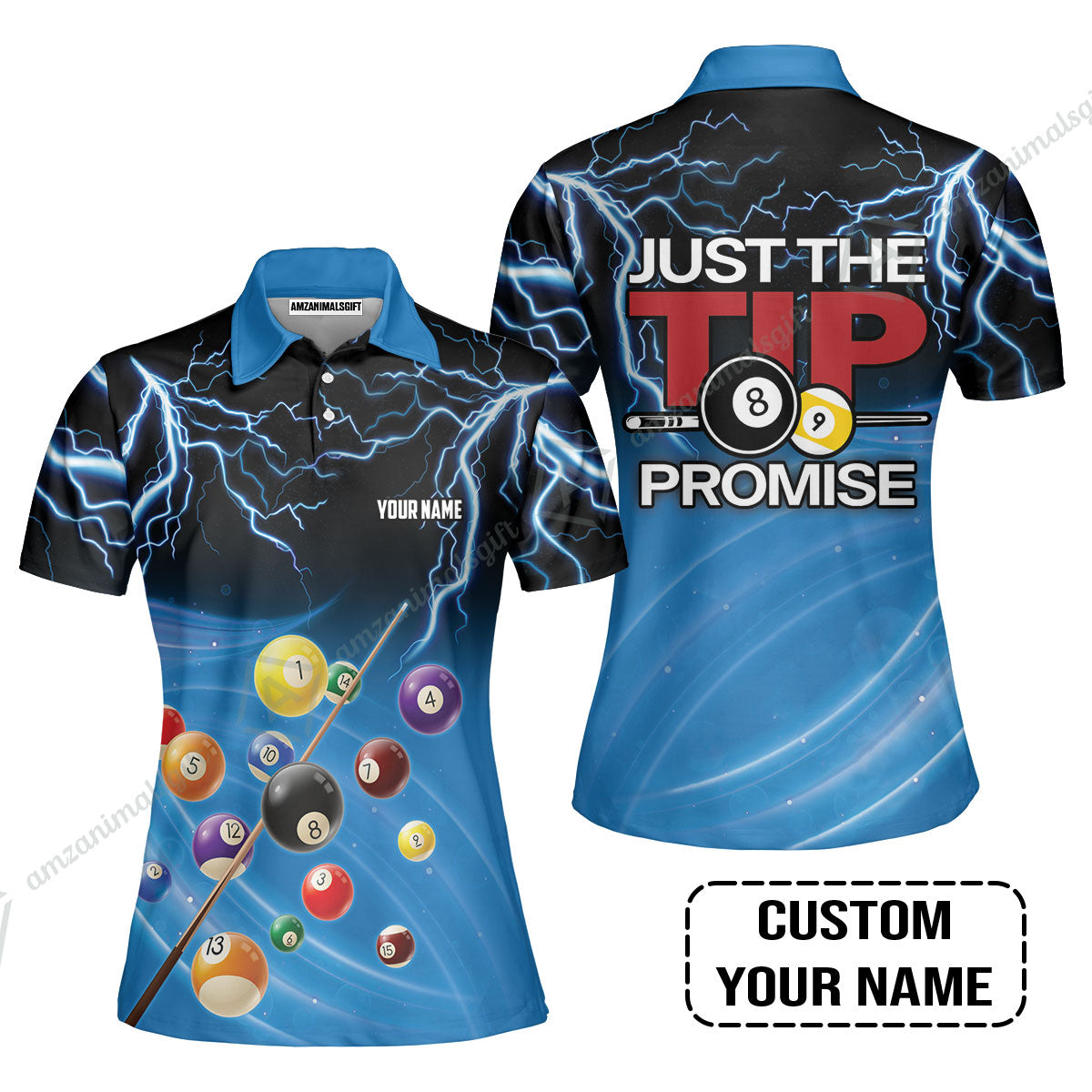 Custom Name Women Polo Shirt, Personalized Thunder 8 Ball Pool Billiards Women Polo Shirt, Gift For Billiard Lovers, Just The Tip I Promise