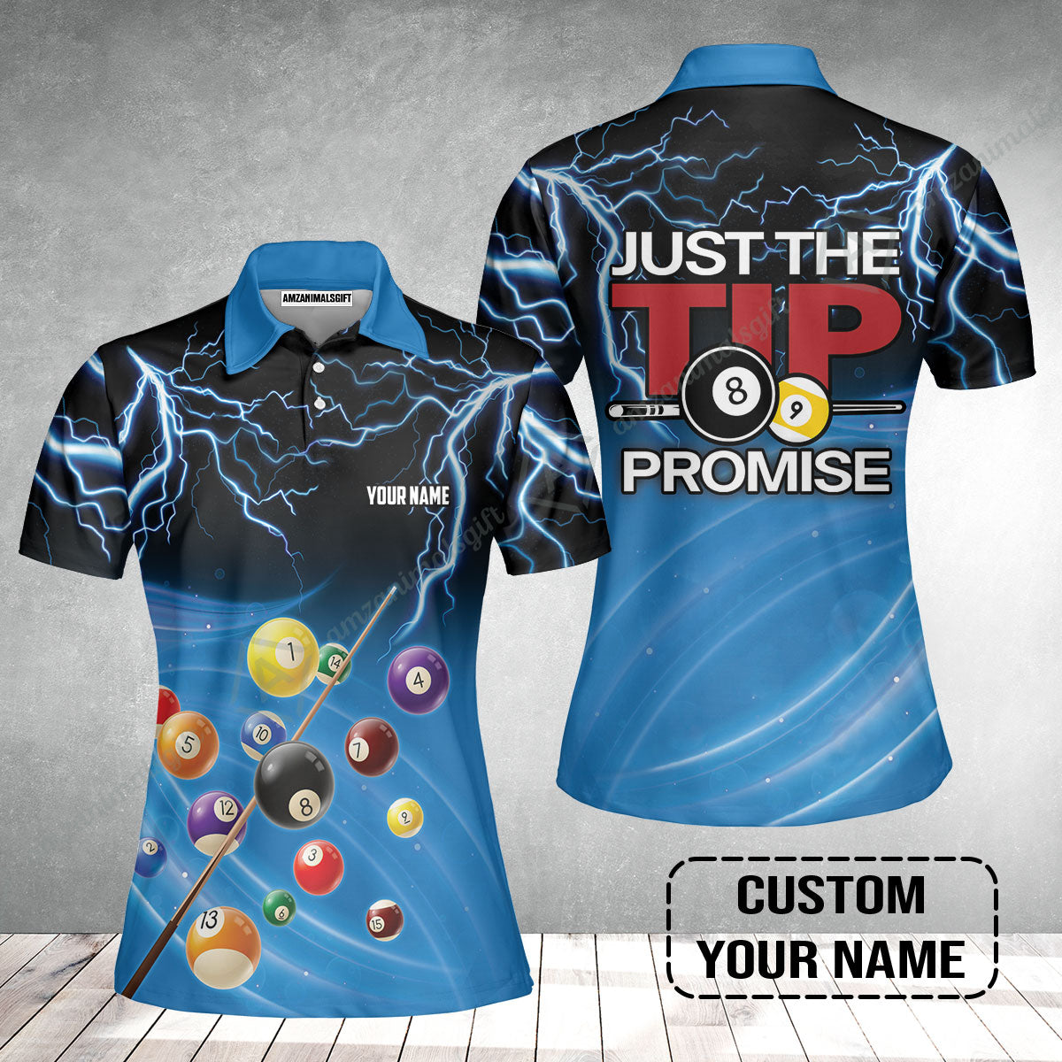 Custom Name Women Polo Shirt, Personalized Thunder 8 Ball Pool Billiards Women Polo Shirt, Gift For Billiard Lovers, Just The Tip I Promise