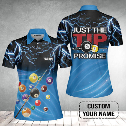 Custom Name Women Polo Shirt, Personalized Thunder 8 Ball Pool Billiards Women Polo Shirt, Gift For Billiard Lovers, Just The Tip I Promise