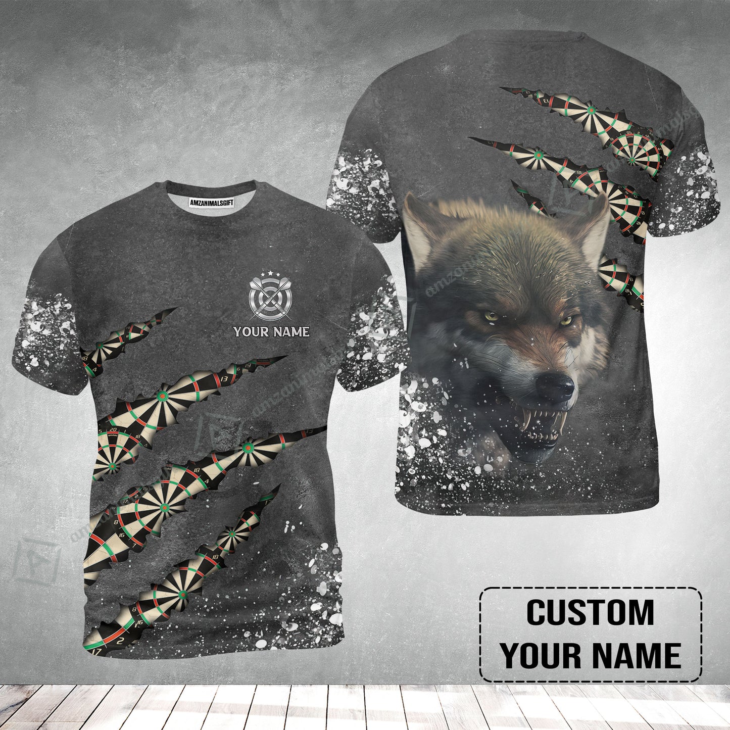 Wolf And Darts Custom Name T-Shirt, Darts Paint Splash Personalized T-Shirt