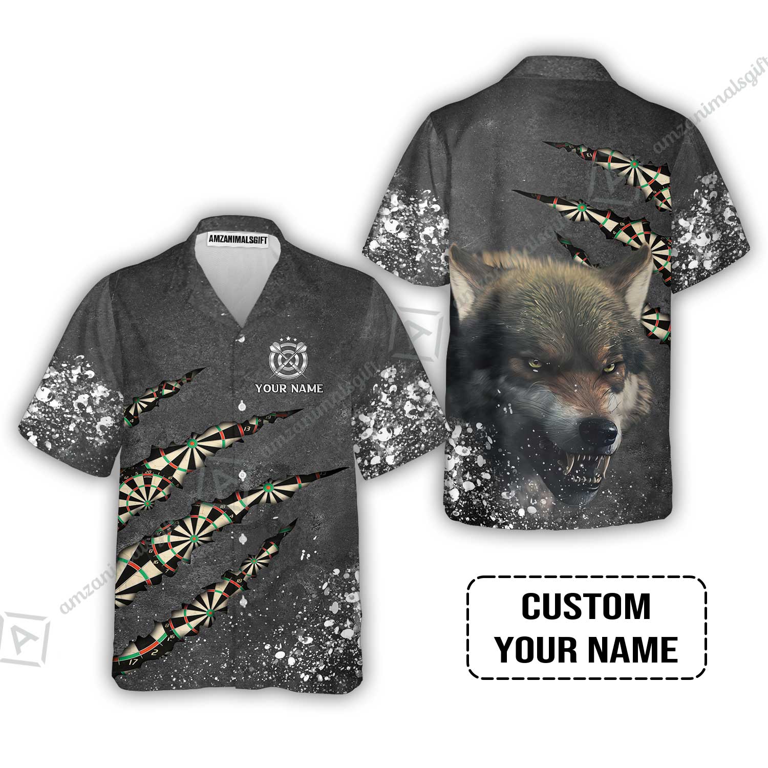 Wolf And Darts Custom Name Hawaiian Shirt, Darts Paint Splash Personalized Hawaiian Shirt