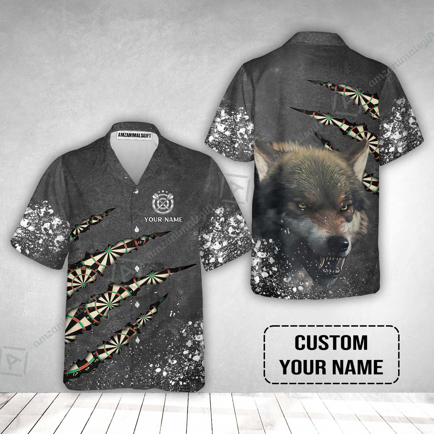 Wolf And Darts Custom Name Hawaiian Shirt, Darts Paint Splash Personalized Hawaiian Shirt