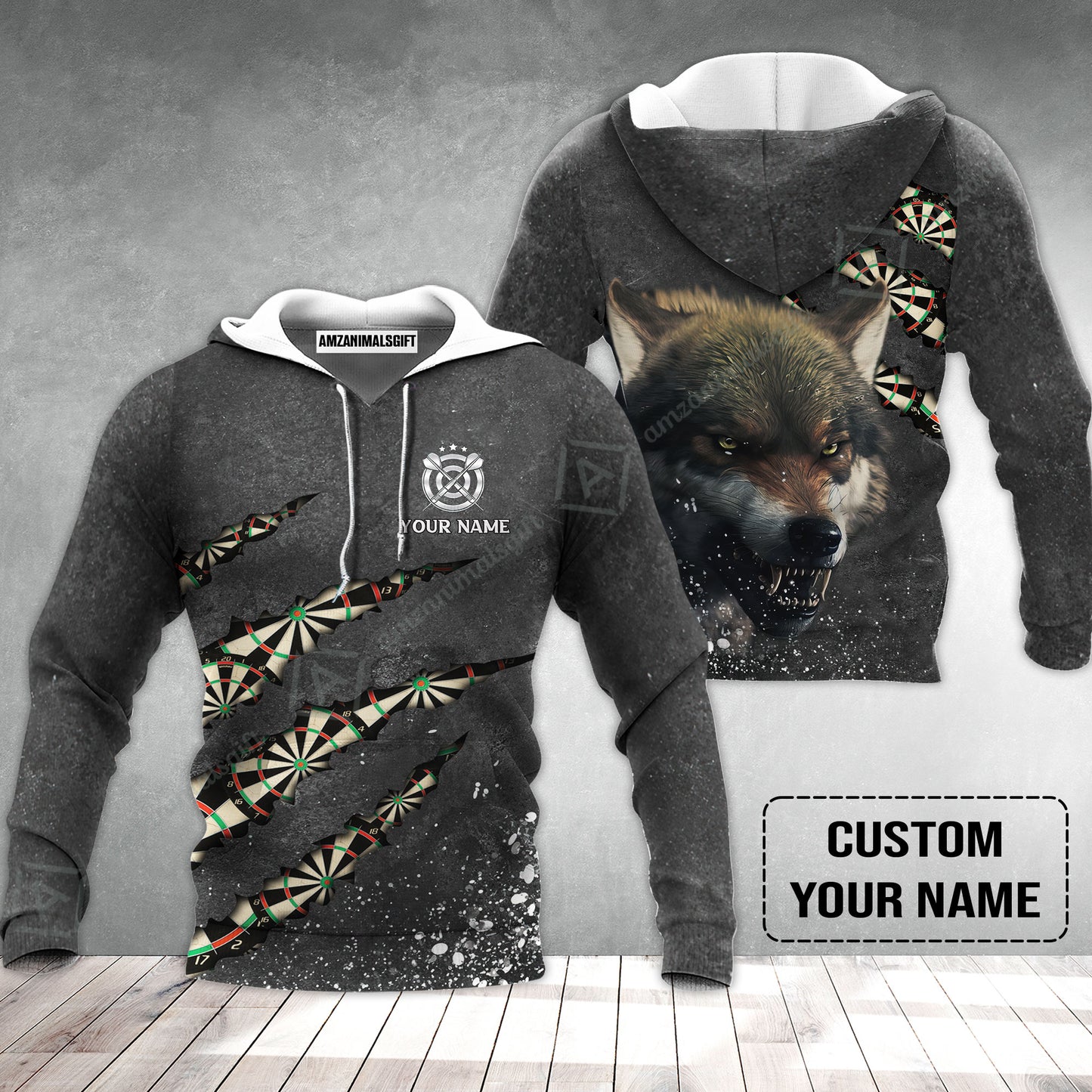 Wolf And Darts Custom Name Hoodie, Darts Paint Splash Personalized Hoodie