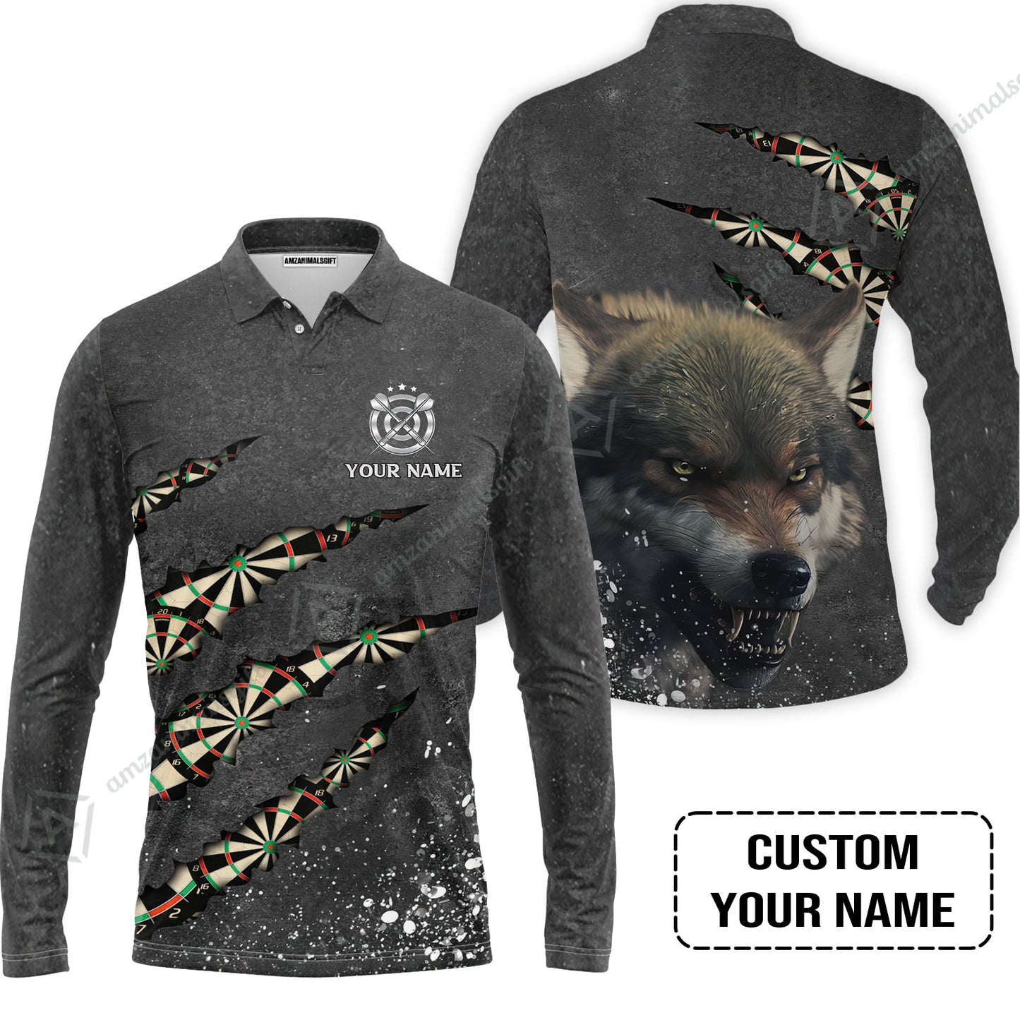 Wolf And Darts Custom Name Men Polo Shirt, Darts Paint Splash Personalized Men Polo Shirt