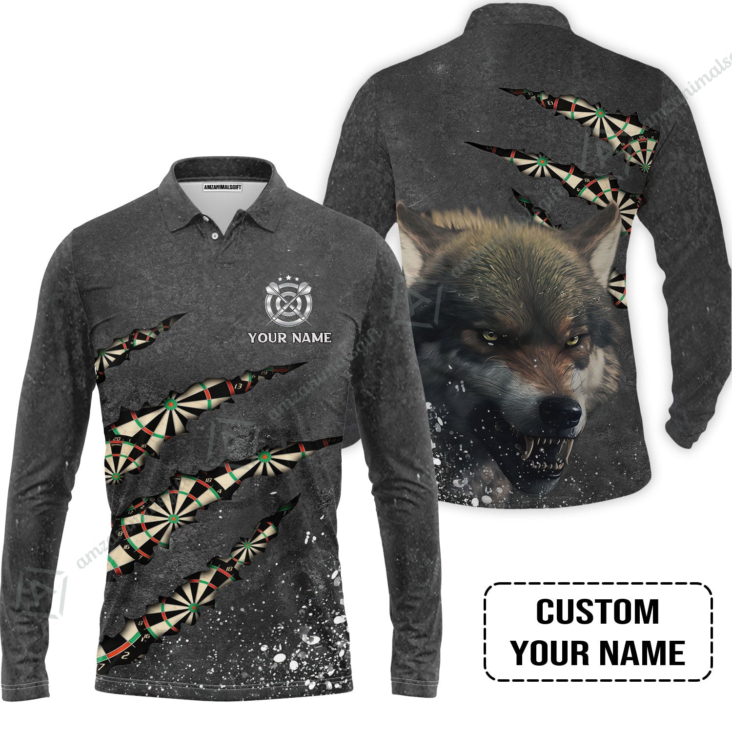 Wolf And Darts Custom Name Long Polo Shirt, Darts Paint Splash Personalized Long Polo Shirt