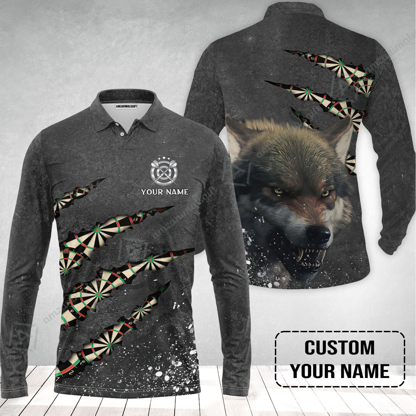 Wolf And Darts Custom Name Long Polo Shirt, Darts Paint Splash Personalized Long Polo Shirt