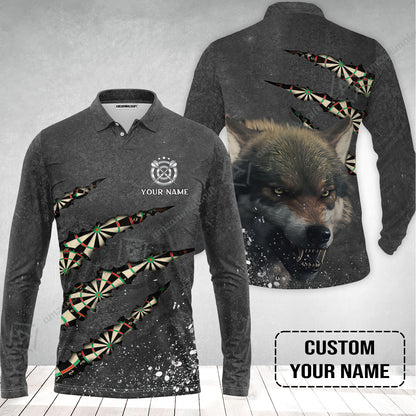 Wolf And Darts Custom Name Long Polo Shirt, Darts Paint Splash Personalized Long Polo Shirt