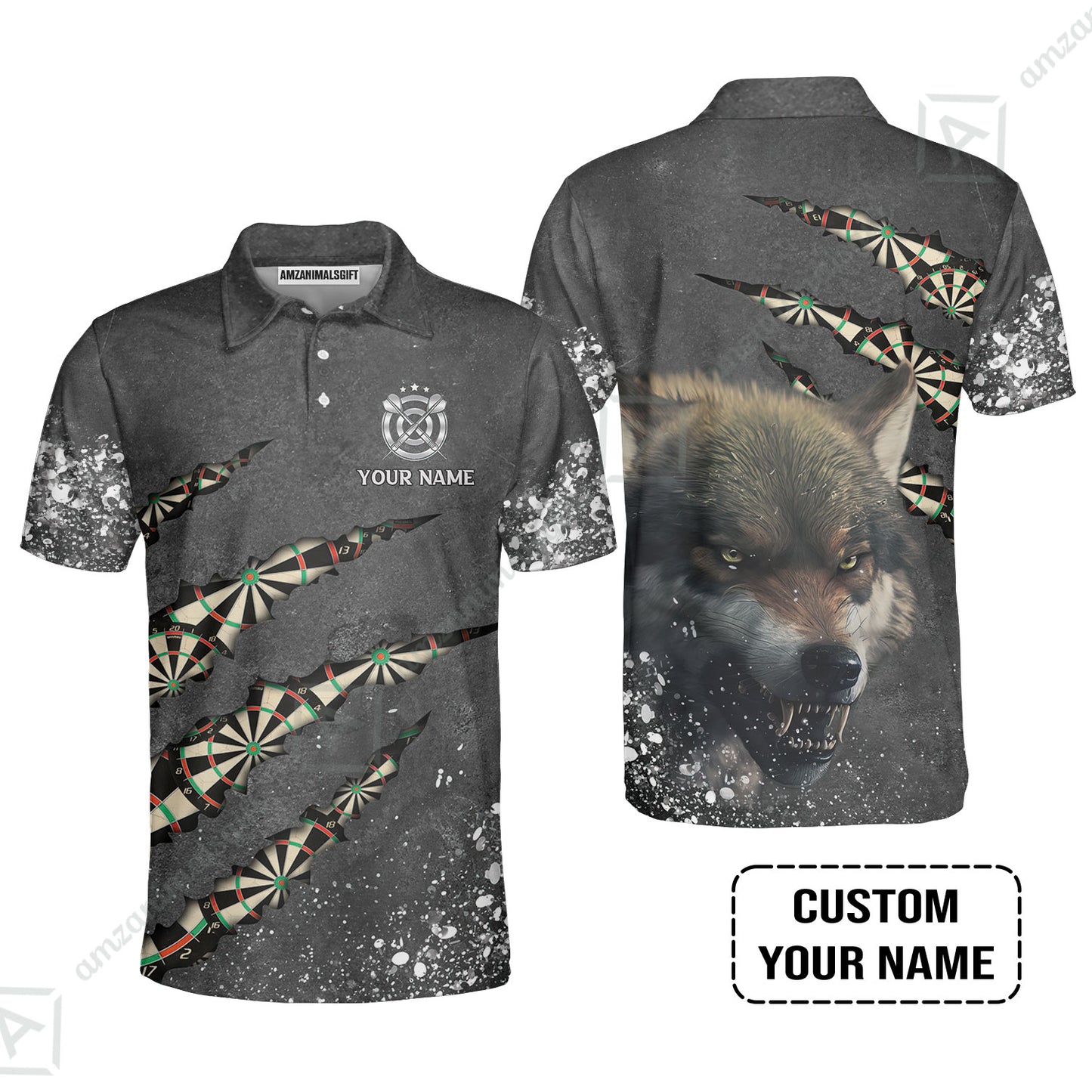 Wolf And Darts Custom Name Men Polo Shirt, Darts Paint Splash Personalized Men Polo Shirt