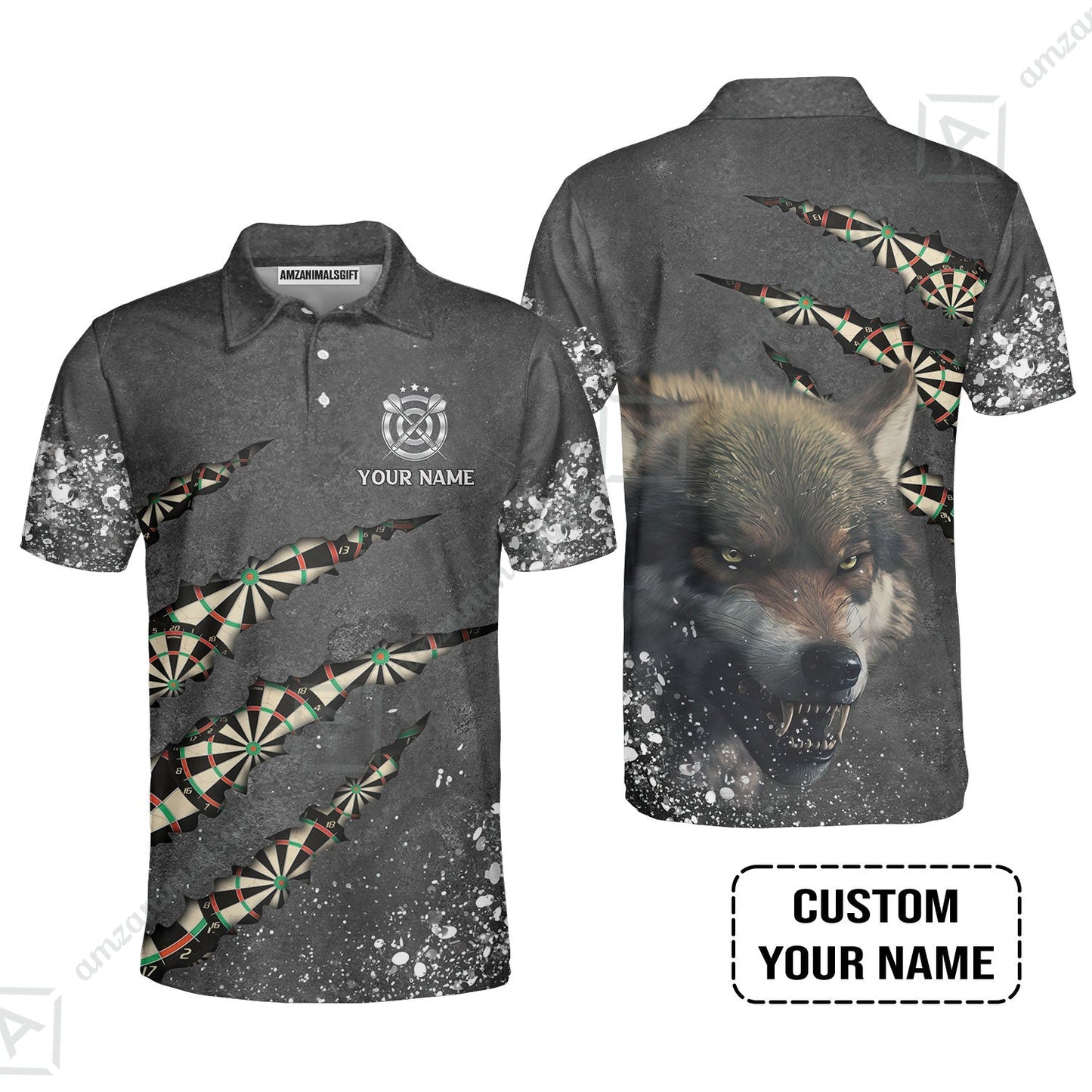 Wolf And Darts Custom Name Zip Polo Shirt, Darts Paint Splash Personalized Zip Polo Shirt