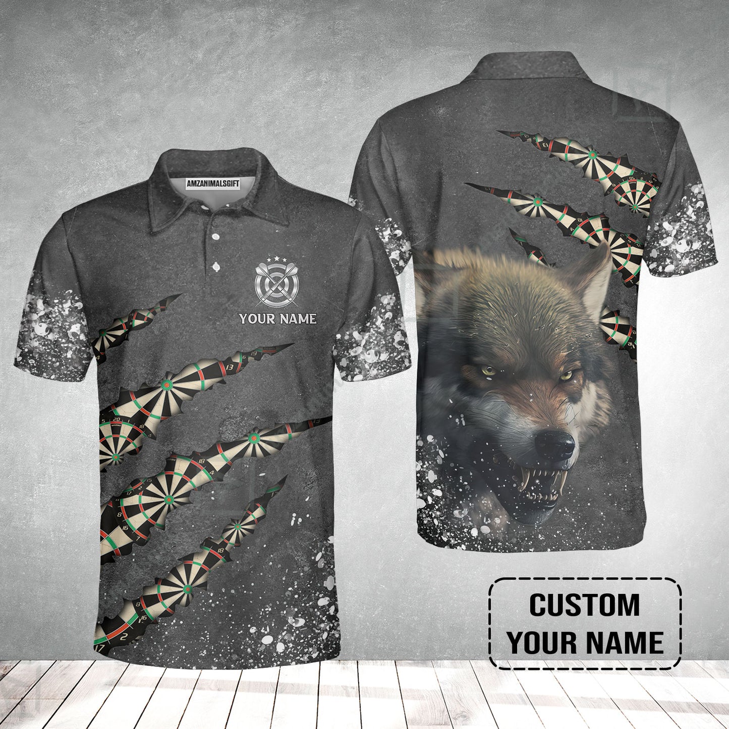 Wolf And Darts Custom Name Men Polo Shirt, Darts Paint Splash Personalized Men Polo Shirt