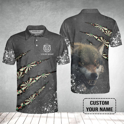 Wolf And Darts Custom Name Men Polo Shirt, Darts Paint Splash Personalized Men Polo Shirt