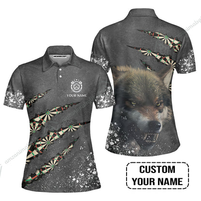Wolf And Darts Custom Name Zip Polo Shirt, Darts Paint Splash Personalized Zip Polo Shirt