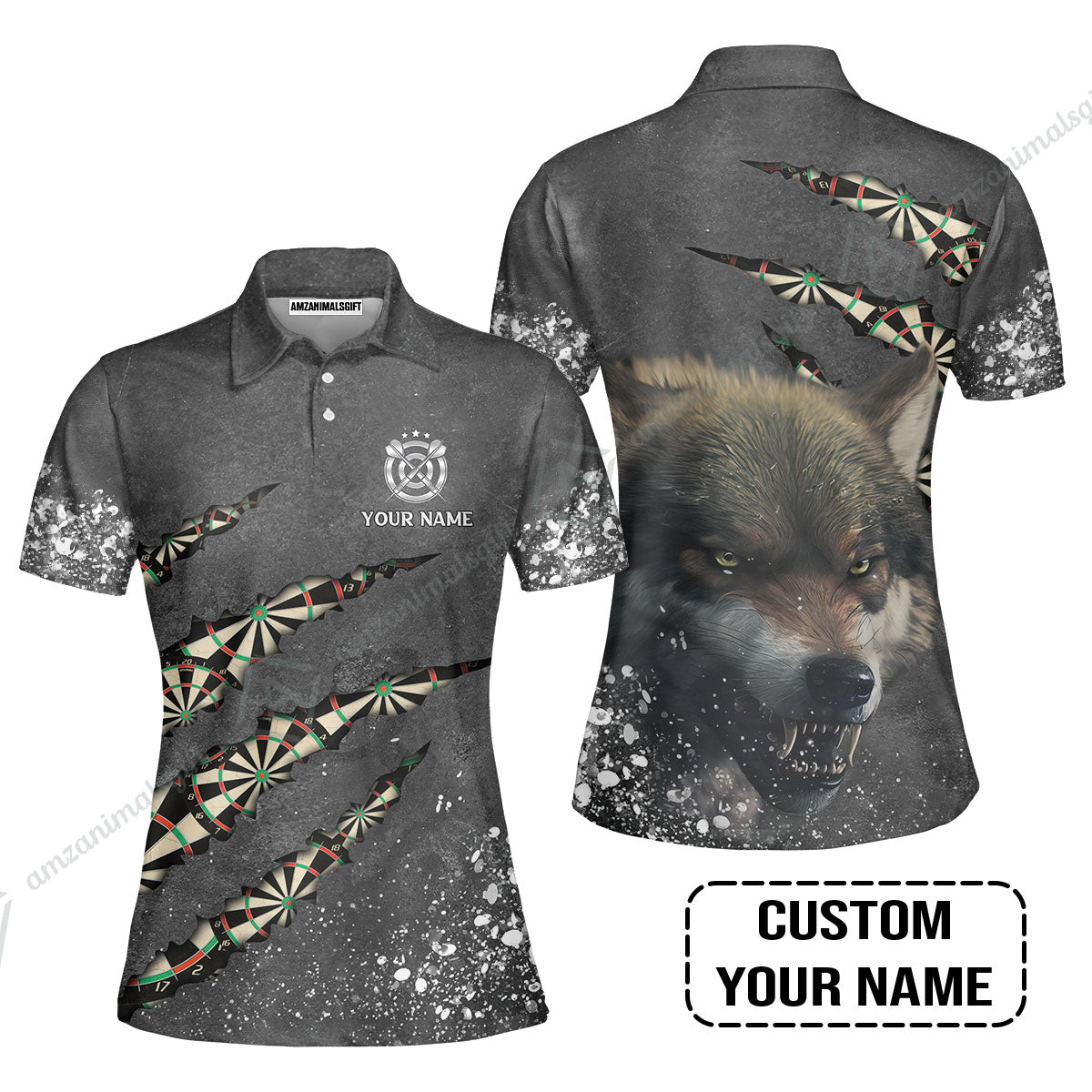 Wolf And Darts Custom Name Women Polo Shirt, Darts Paint Splash Personalized Women Polo Shirt