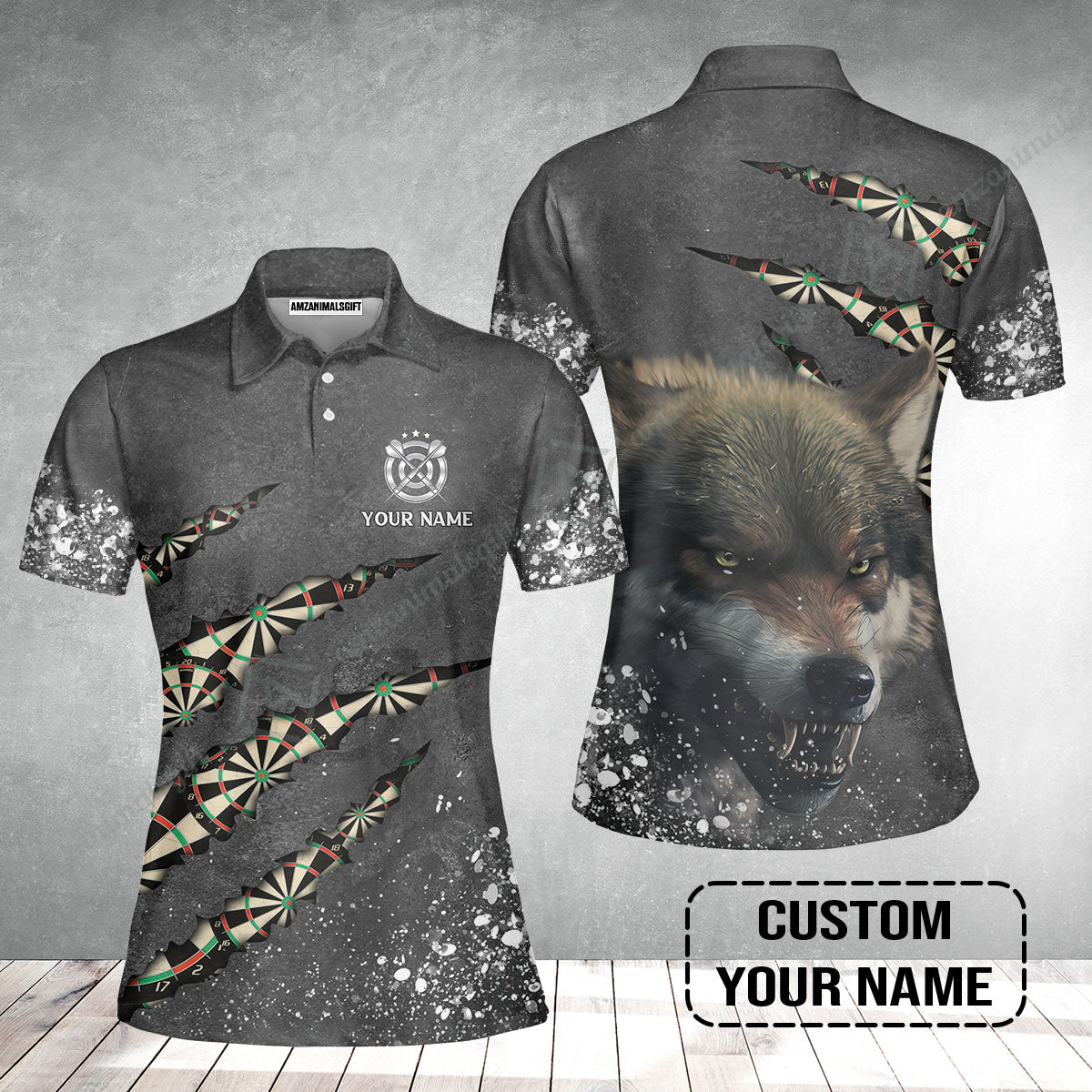 Wolf And Darts Custom Name Women Polo Shirt, Darts Paint Splash Personalized Women Polo Shirt