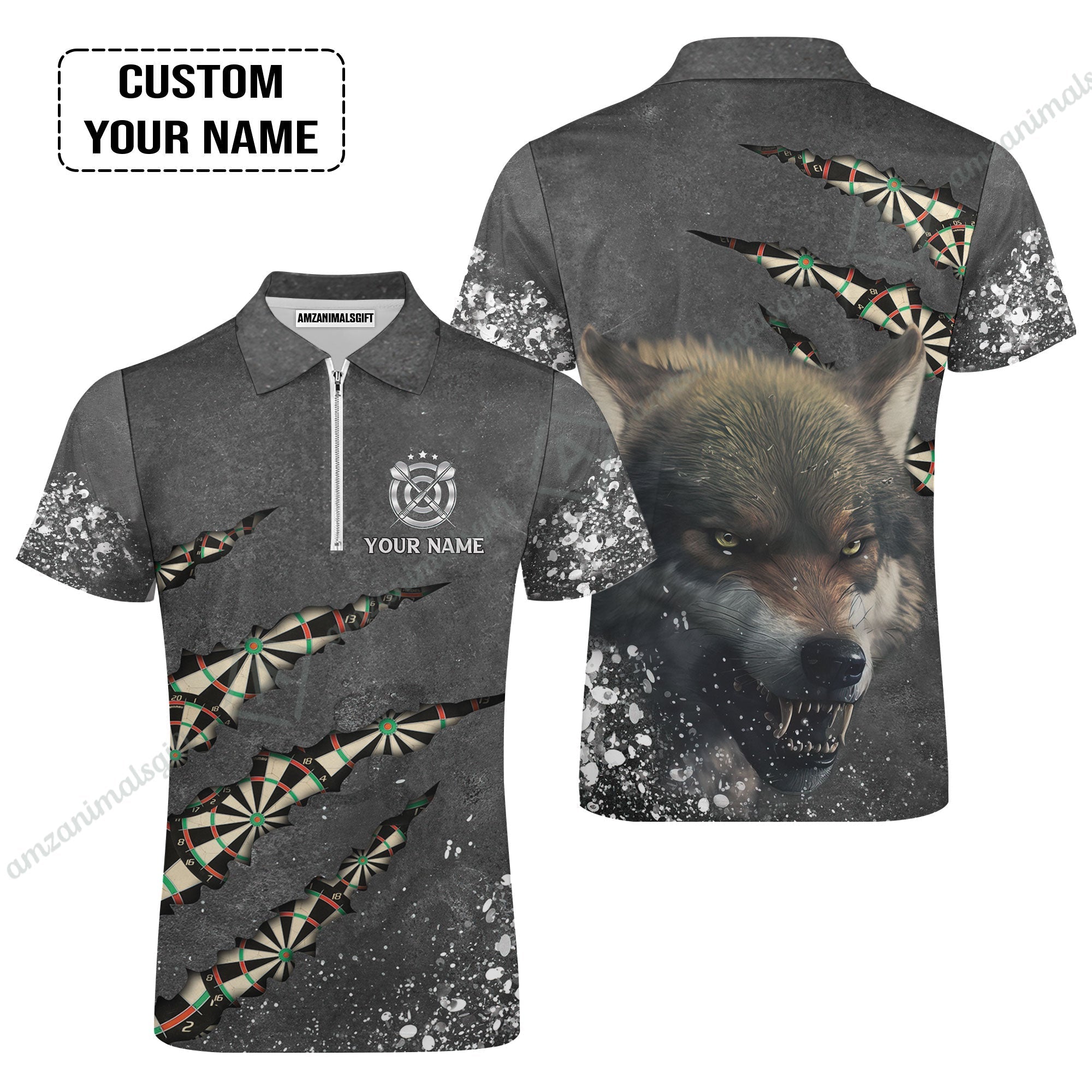 Wolf And Darts Custom Name Zip Polo Shirt, Darts Paint Splash Personalized Zip Polo Shirt