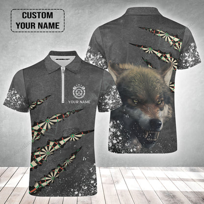 Wolf And Darts Custom Name Zip Polo Shirt, Darts Paint Splash Personalized Zip Polo Shirt