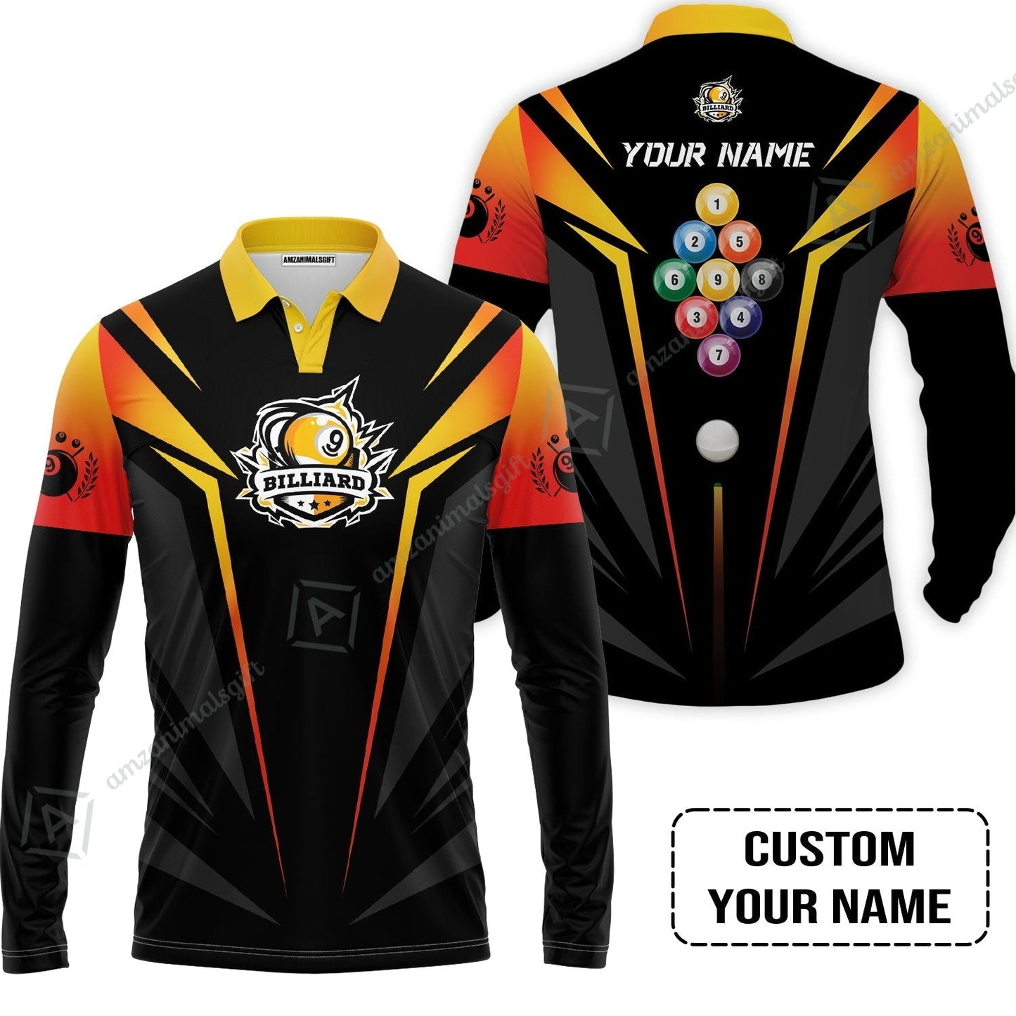 Custom Name Billiard T-Shirt, Nine-Ball In Orange Personalized 8 Ball Pool Billiards T-Shirt