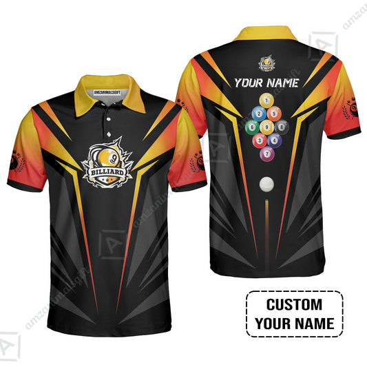 Custom Name Billiard Men Polo Shirt, Nine-Ball In Orange Personalized 8 Ball Pool Billiards Polo Shirts