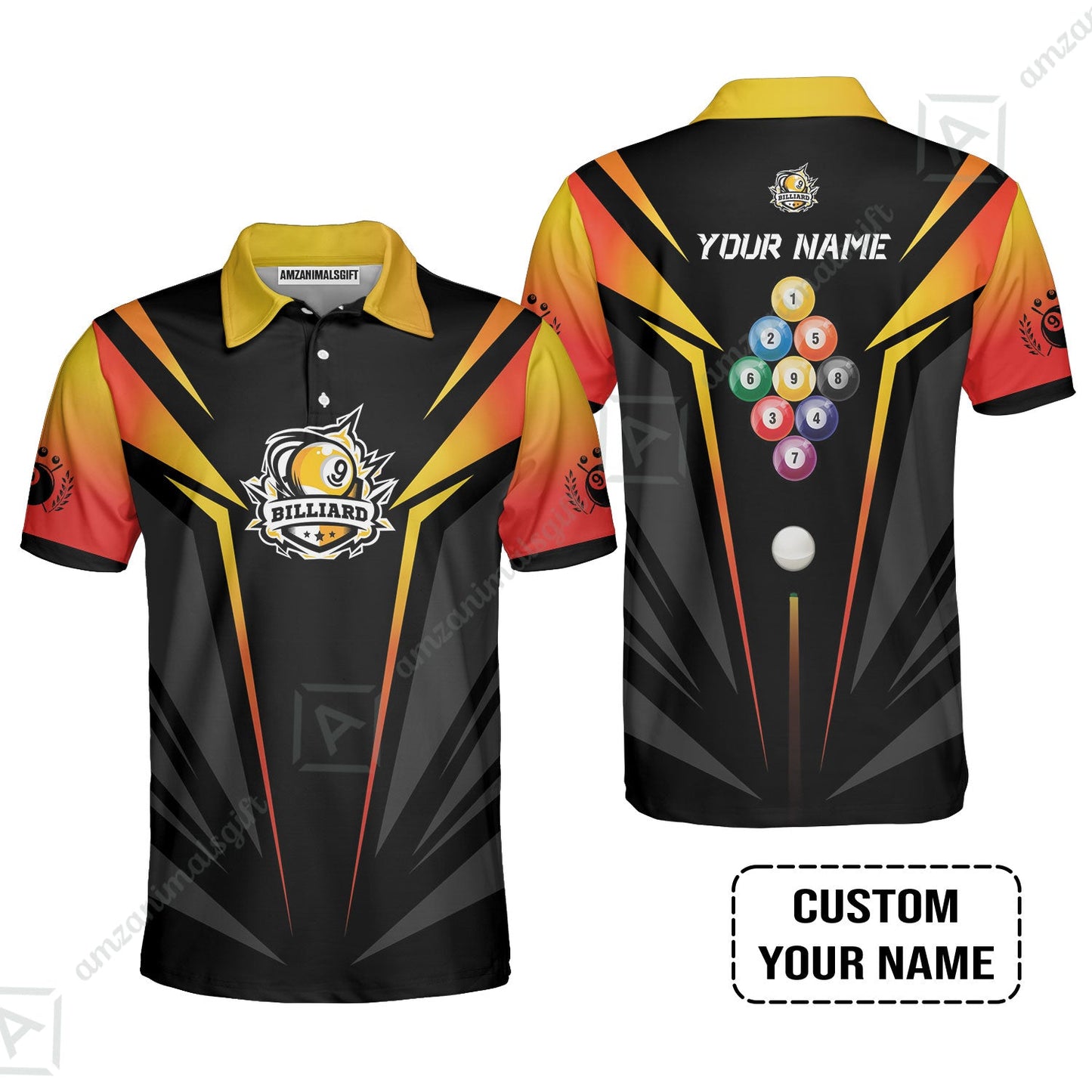 Custom Name Billiard Long Polo Shirt, Nine-Ball In Orange Personalized 8 Ball Pool Billiards Long Polo Shirt