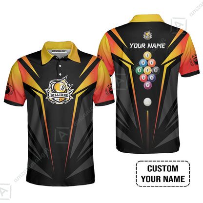 Custom Name Billiard Long Polo Shirt, Nine-Ball In Orange Personalized 8 Ball Pool Billiards Long Polo Shirt