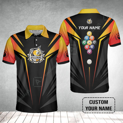 Custom Name Billiard Men Polo Shirt, Nine-Ball In Orange Personalized 8 Ball Pool Billiards Polo Shirts