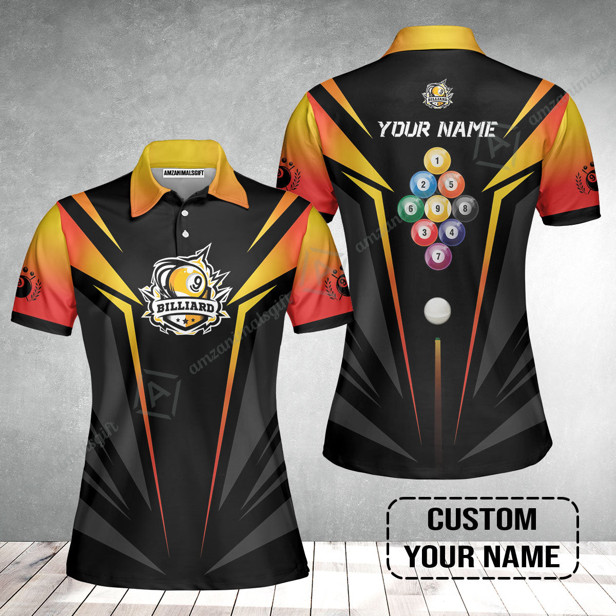 Custom Name Billiard Women Polo Shirt, Nine-Ball In Orange Personalized 8 Ball Pool Billiards Women Polo Shirt