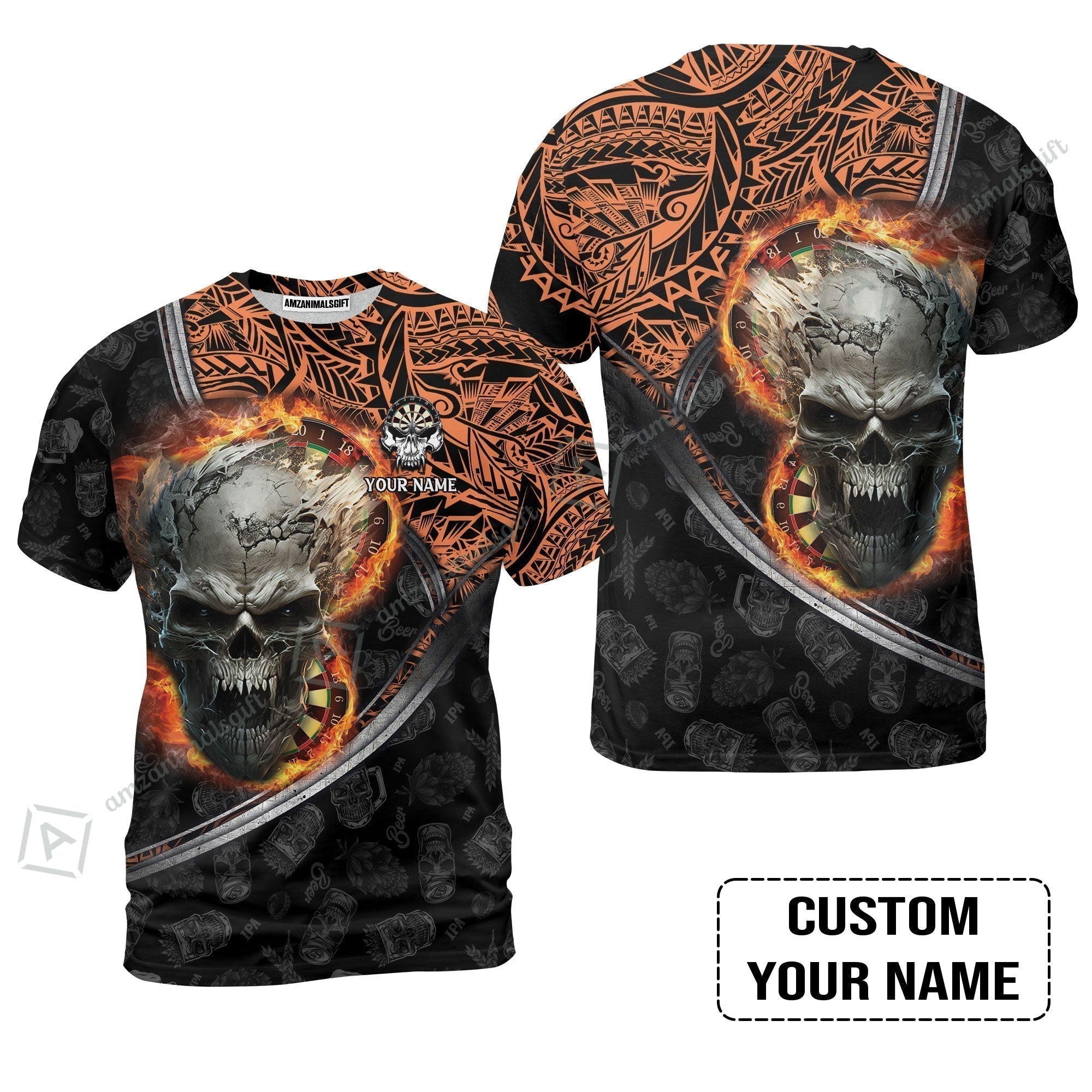 Darts Custom Name T-Shirt, Skull Maori Tattoo And Darts Custom Name T-Shirt, Flame Bullseye Dartboard Personalized T-Shirt