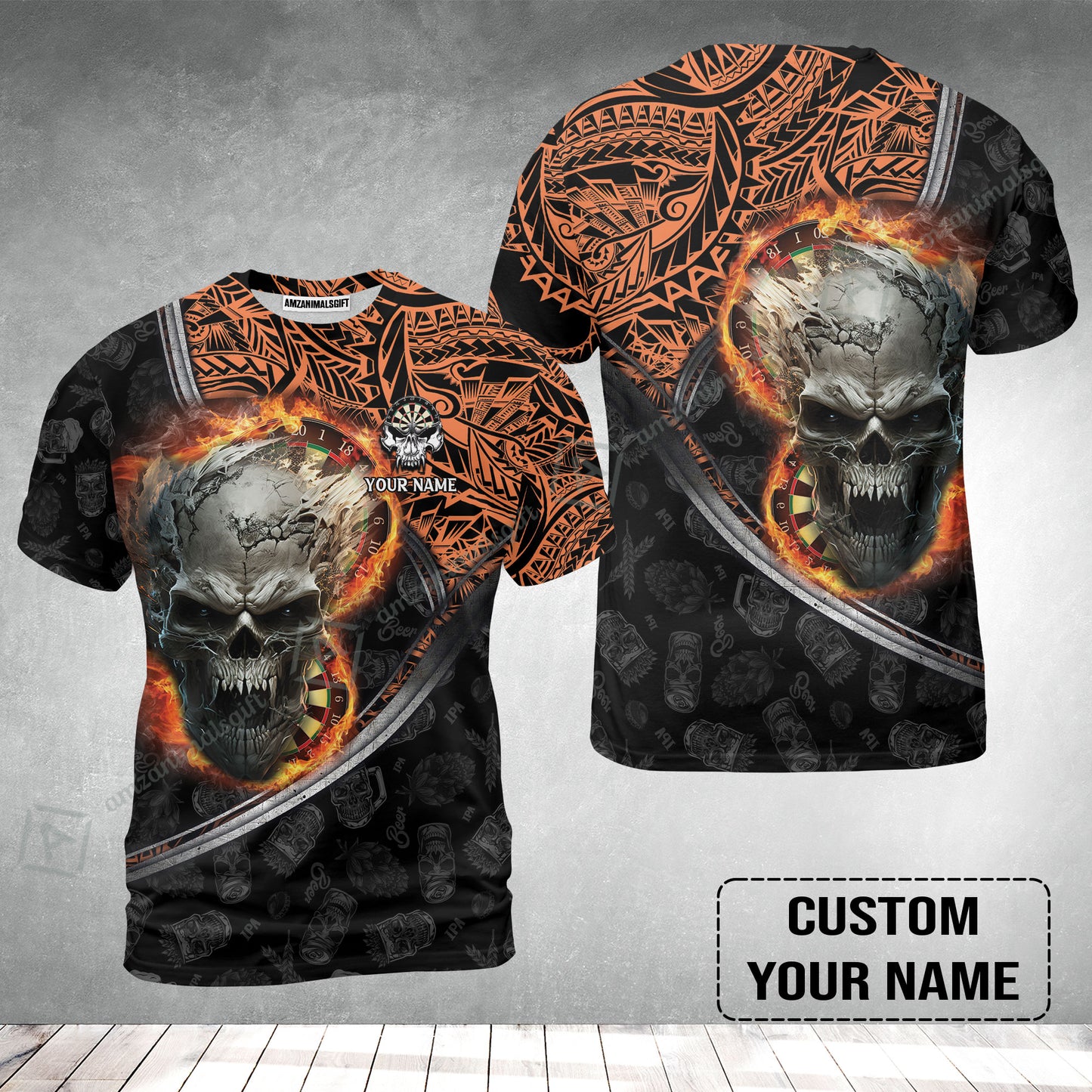 Darts Custom Name T-Shirt, Skull Maori Tattoo And Darts Custom Name T-Shirt, Flame Bullseye Dartboard Personalized T-Shirt