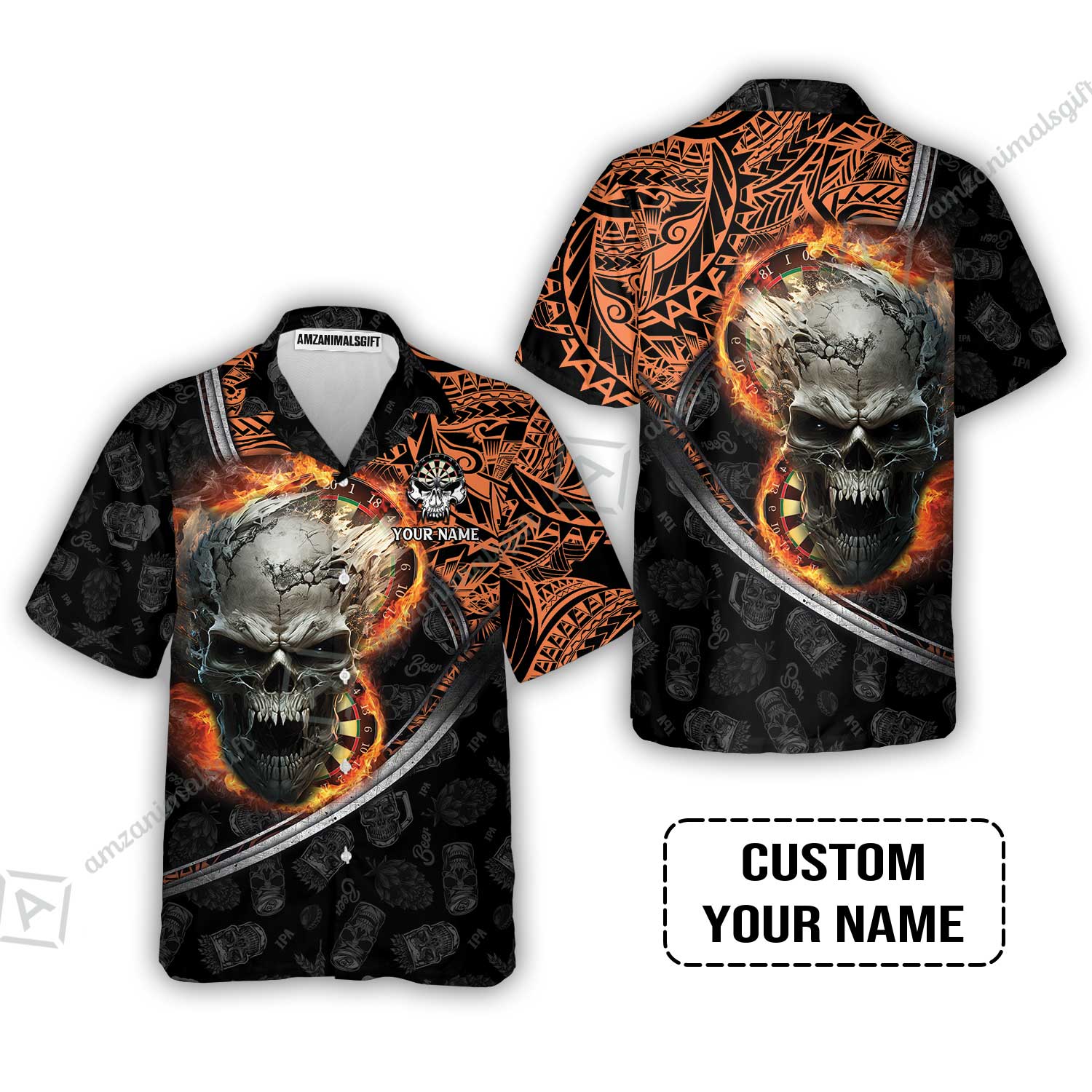 Darts Custom Name Hawaiian Shirt, Skull Maori Tattoo And Darts Custom Name Hawaiian Shirt, Flame Bullseye Dartboard Personalized Hawaiian Shirt