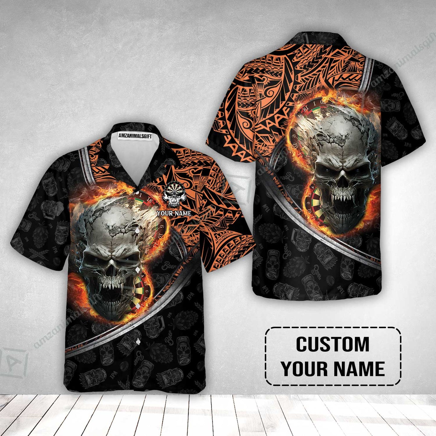 Darts Custom Name Hawaiian Shirt, Skull Maori Tattoo And Darts Custom Name Hawaiian Shirt, Flame Bullseye Dartboard Personalized Hawaiian Shirt