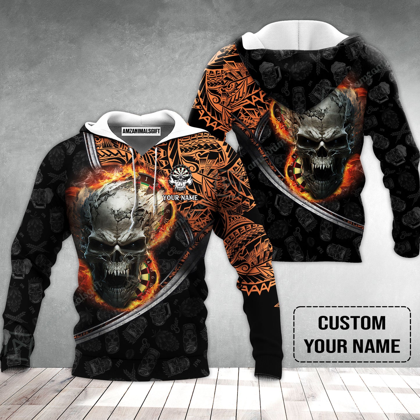 Darts Custom Name Hoodie, Skull Maori Tattoo And Darts Custom Name Hoodie, Flame Bullseye Dartboard Personalized Hoodie