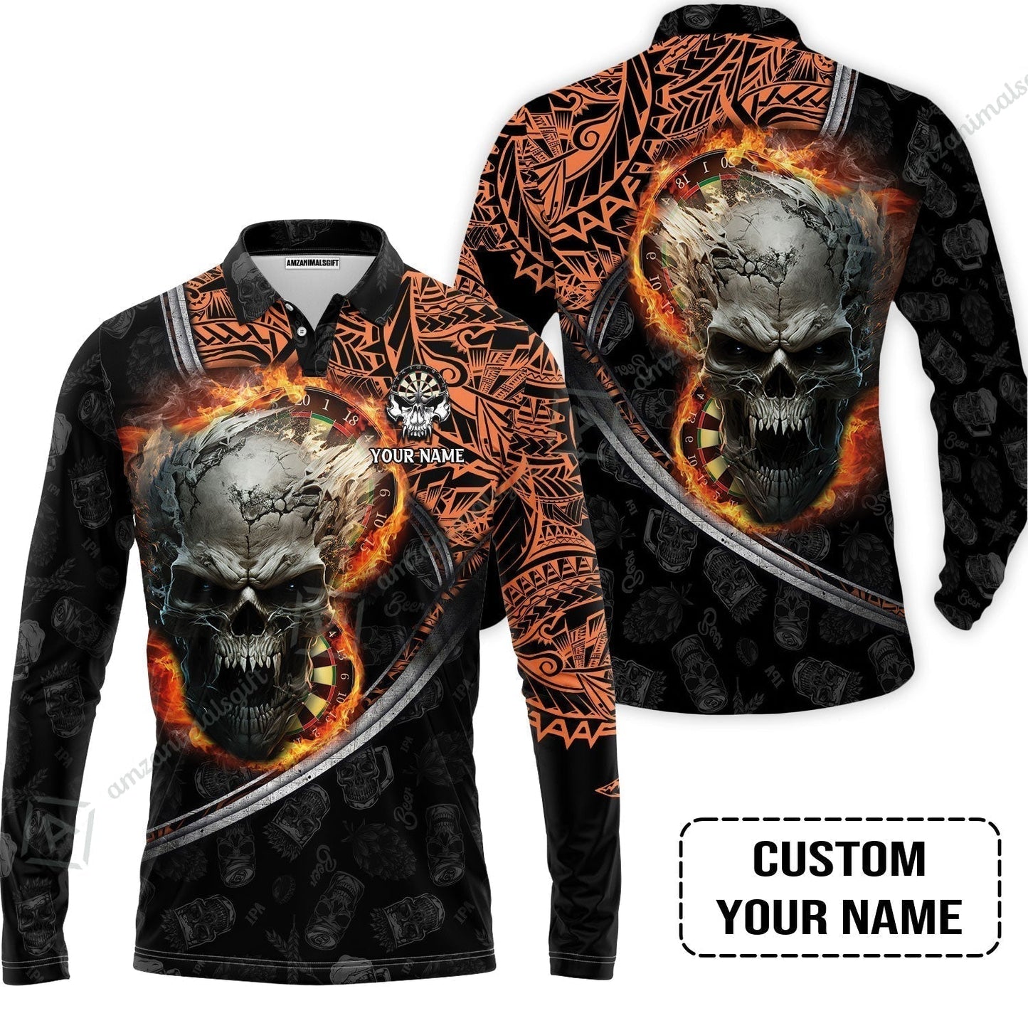 Darts Custom Name Hawaiian Shirt, Skull Maori Tattoo And Darts Custom Name Hawaiian Shirt, Flame Bullseye Dartboard Personalized Hawaiian Shirt