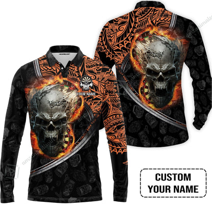 Darts Custom Name Zip Polo Shirt, Skull Maori Tattoo And Darts Custom Name Polo Shirt, Flame Bullseye Dartboard Personalized Zip Polo Shirt