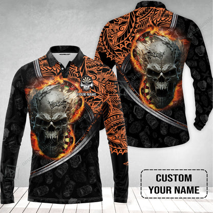Darts Custom Name Long Polo Shirt, Skull Maori Tattoo And Darts Custom Name Polo Shirt, Flame Bullseye Dartboard Personalized Long Polo Shirt