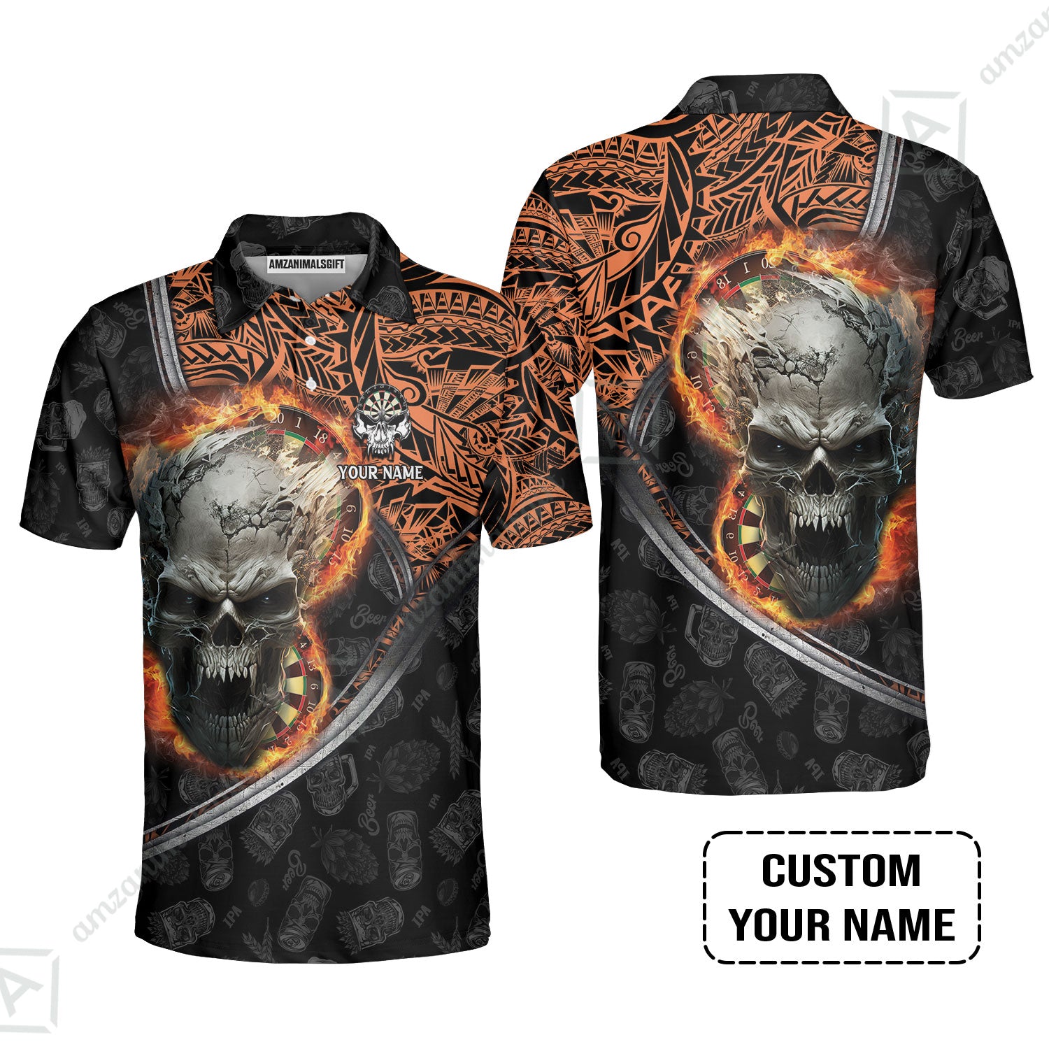 Darts Custom Name Polo Shirt, Skull Maori Tattoo And Darts Custom Name Polo Shirt, Flame Bullseye Dartboard Personalized Polo Shirt