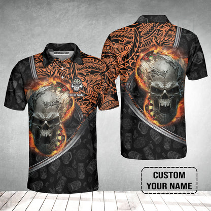 Darts Custom Name Polo Shirt, Skull Maori Tattoo And Darts Custom Name Polo Shirt, Flame Bullseye Dartboard Personalized Polo Shirt
