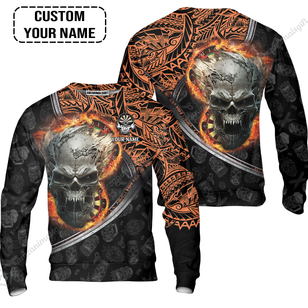 Darts Custom Name Sweatshirt, Skull Maori Tattoo And Darts Custom Name Sweatshirt, Flame Bullseye Dartboard Personalized Sweatshirt