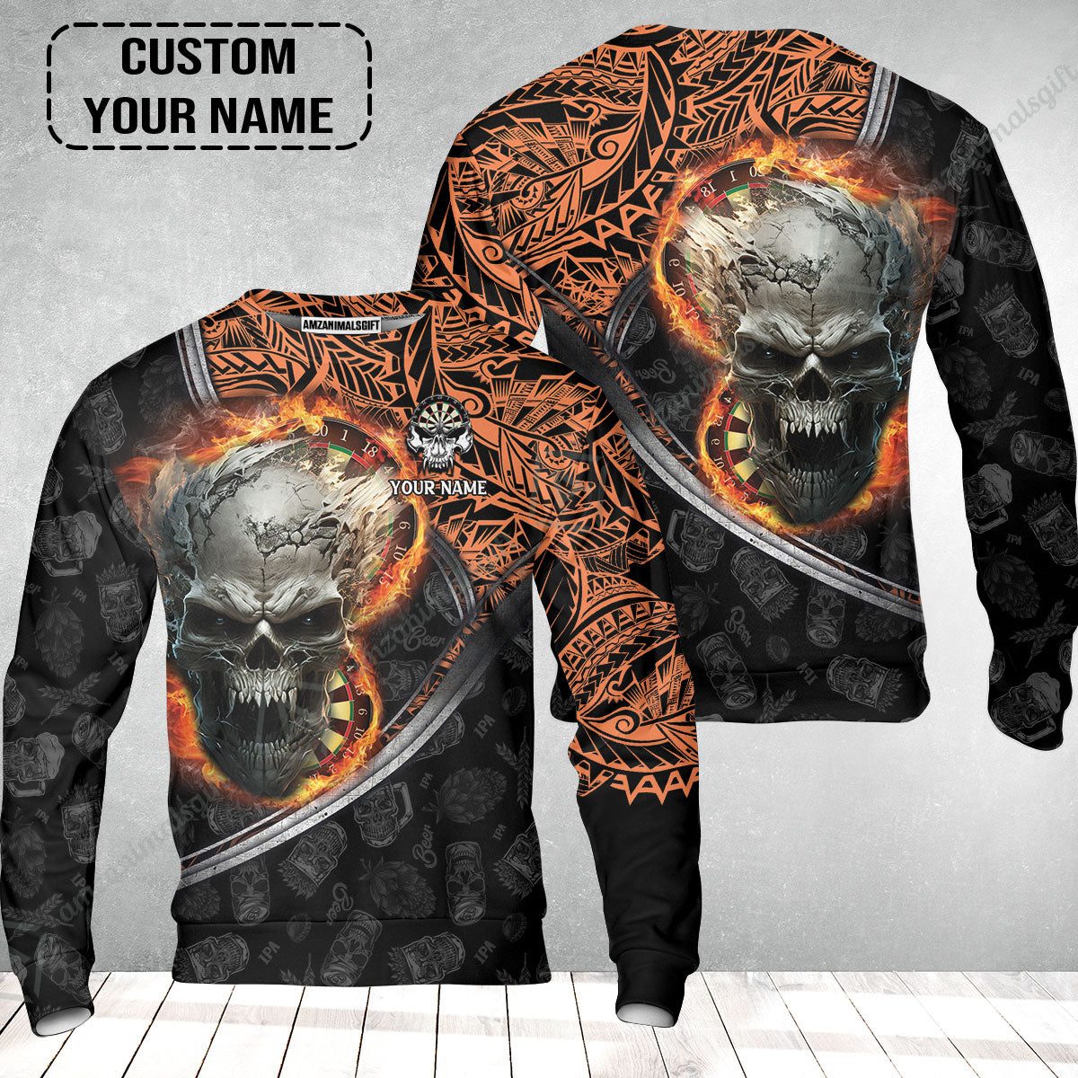 Darts Custom Name Sweatshirt, Skull Maori Tattoo And Darts Custom Name Sweatshirt, Flame Bullseye Dartboard Personalized Sweatshirt