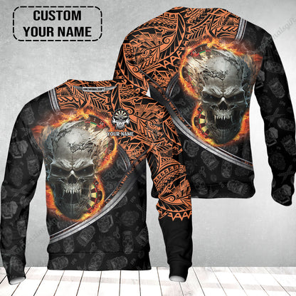 Darts Custom Name Sweatshirt, Skull Maori Tattoo And Darts Custom Name Sweatshirt, Flame Bullseye Dartboard Personalized Sweatshirt