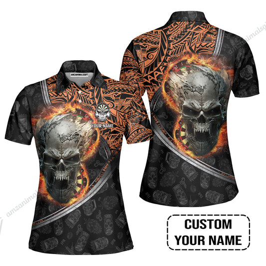 Darts Custom Name Women Polo Shirt, Skull Maori Tattoo And Darts Custom Name Women Polo Shirt, Flame Bullseye Dartboard Personalized Women Polo Shirt