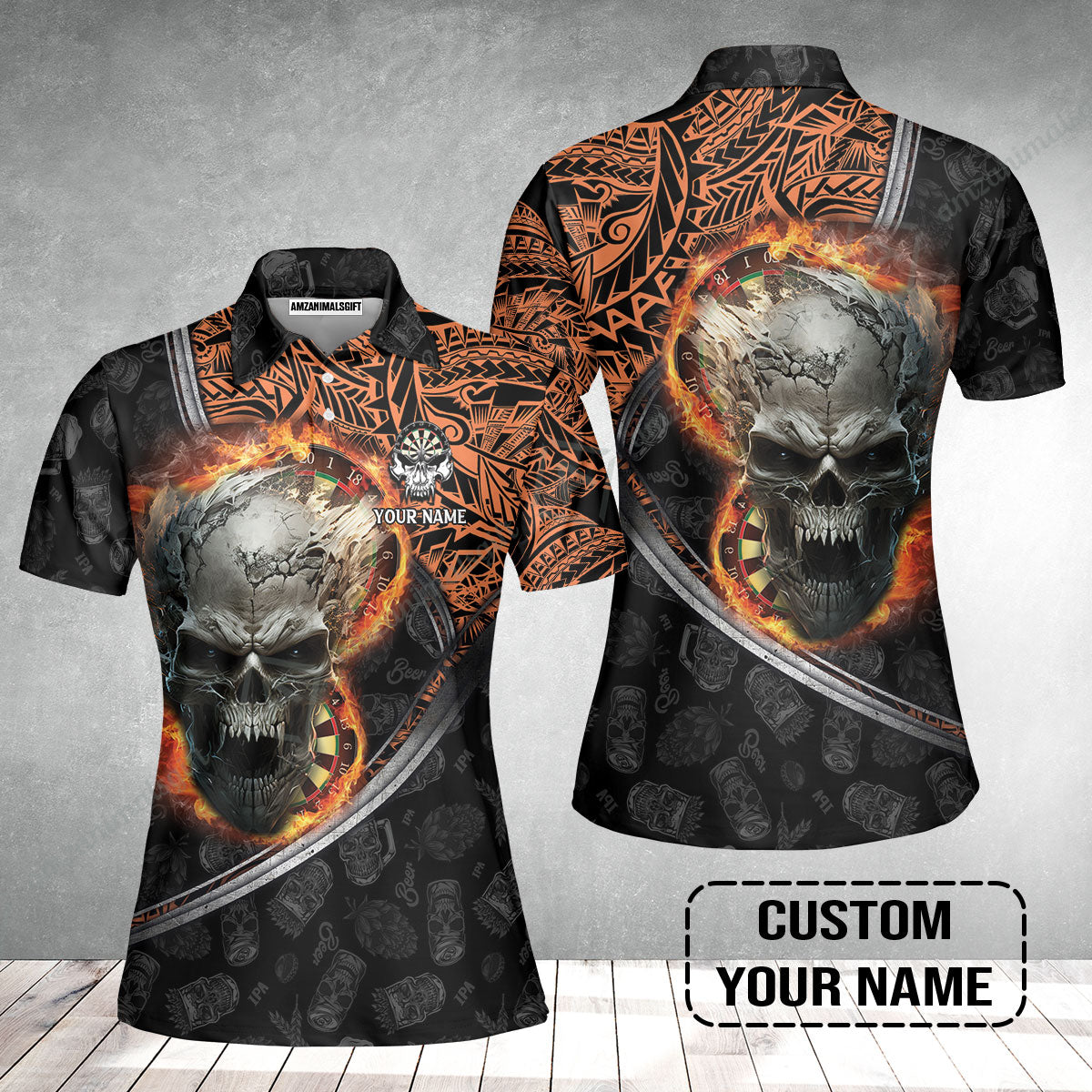 Darts Custom Name Women Polo Shirt, Skull Maori Tattoo And Darts Custom Name Women Polo Shirt, Flame Bullseye Dartboard Personalized Women Polo Shirt