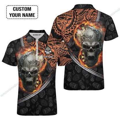 Darts Custom Name Women Polo Shirt, Skull Maori Tattoo And Darts Custom Name Women Polo Shirt, Flame Bullseye Dartboard Personalized Women Polo Shirt