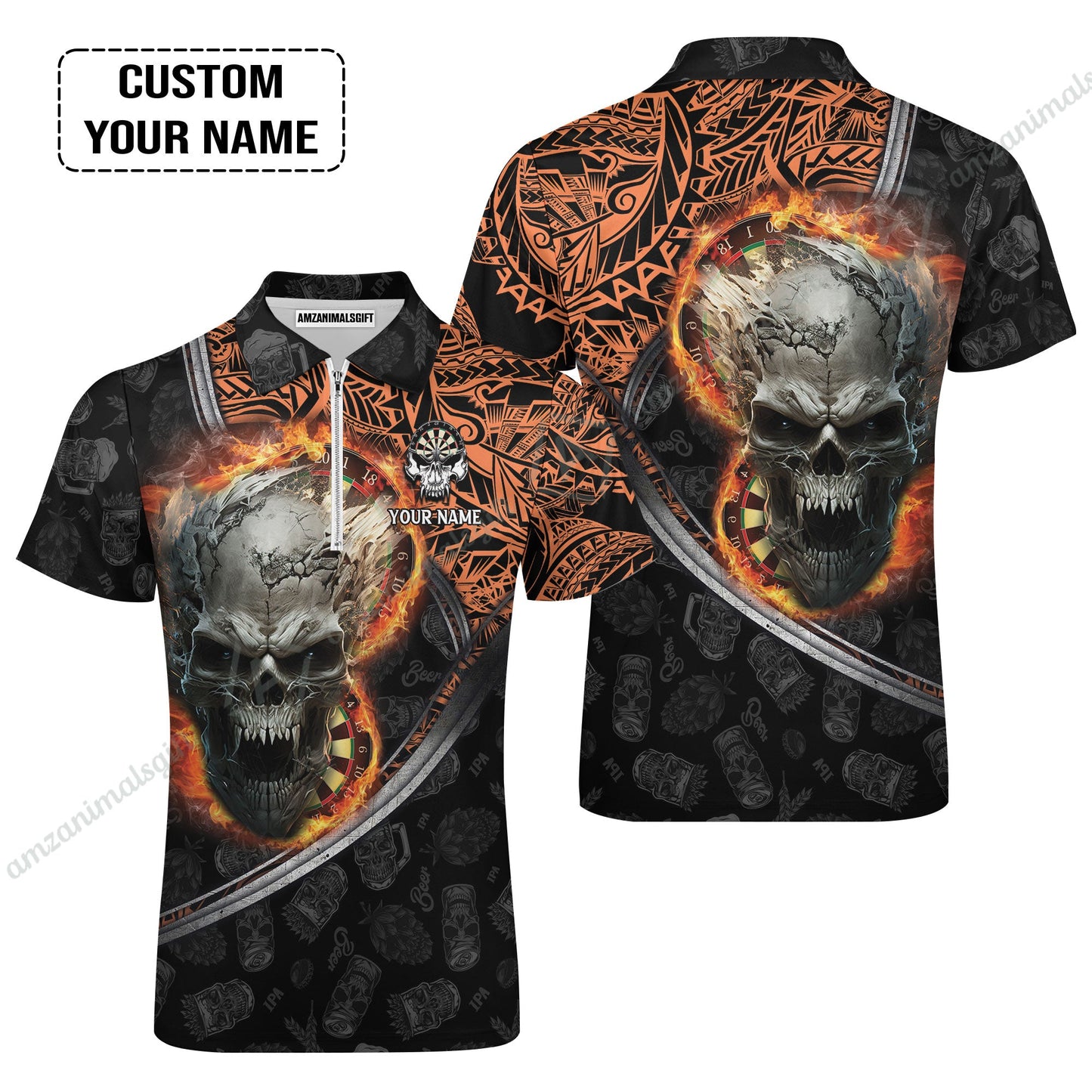 Darts Custom Name Long Polo Shirt, Skull Maori Tattoo And Darts Custom Name Polo Shirt, Flame Bullseye Dartboard Personalized Long Polo Shirt