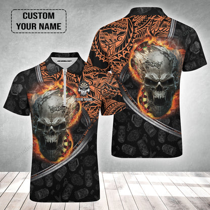 Darts Custom Name Zip Polo Shirt, Skull Maori Tattoo And Darts Custom Name Polo Shirt, Flame Bullseye Dartboard Personalized Zip Polo Shirt