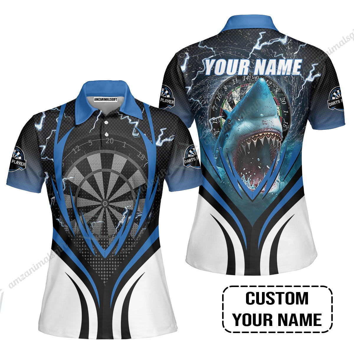 Shark And Darts Custom Name Women Polo Shirt , Bullseye Dartboard Personalized Women Polo Shirt