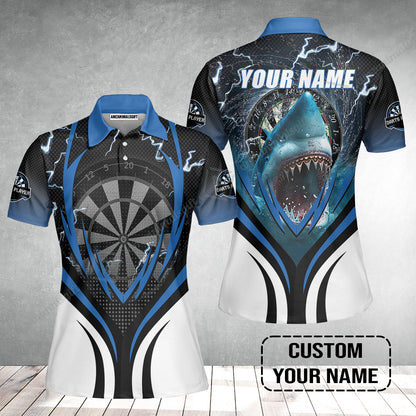Shark And Darts Custom Name Women Polo Shirt , Bullseye Dartboard Personalized Women Polo Shirt