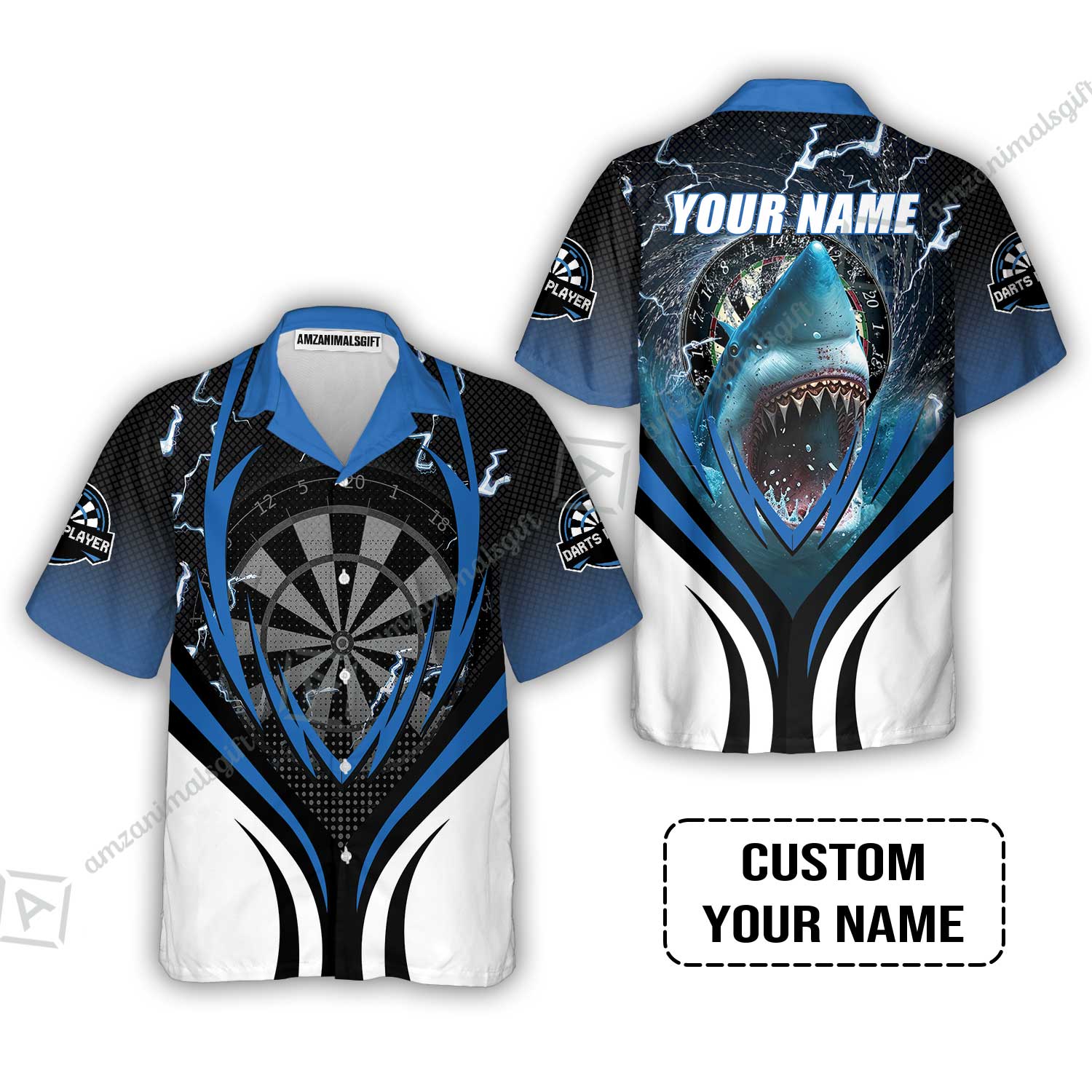 Shark And Darts Custom Name Hawaiian Shirt, Bullseye Dartboard Personalized Hawaiian Shirt