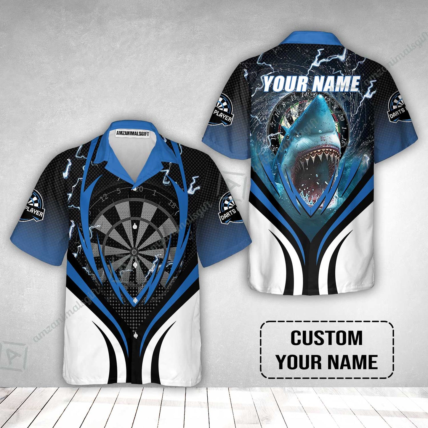 Shark And Darts Custom Name Hawaiian Shirt, Bullseye Dartboard Personalized Hawaiian Shirt